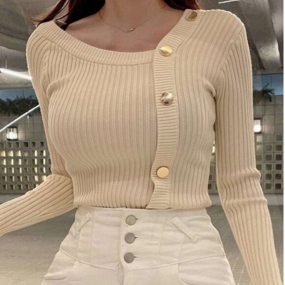 rib knit asymmetrical button detail sweater - Picture 5 of 8